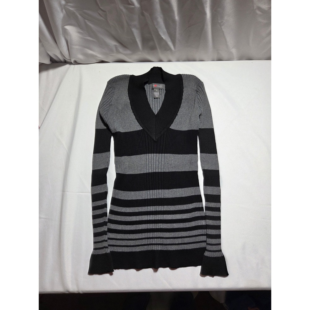 Love Crazy Women Black Grey‎ Striped Ribbed Knit V-Neck Mock Neck Sweater Small